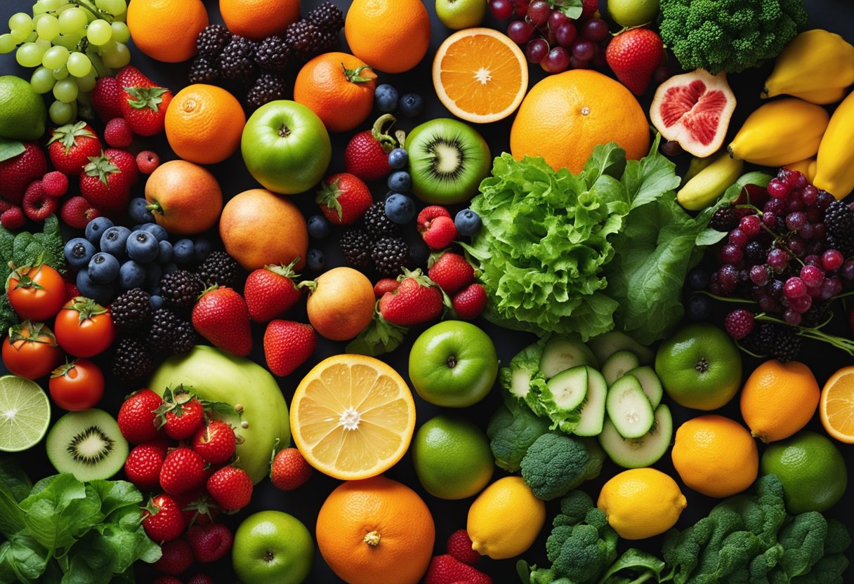 A vibrant array of colorful fruits and vegetables, including berries, leafy greens, and citrus fruits, arranged in a bountiful display