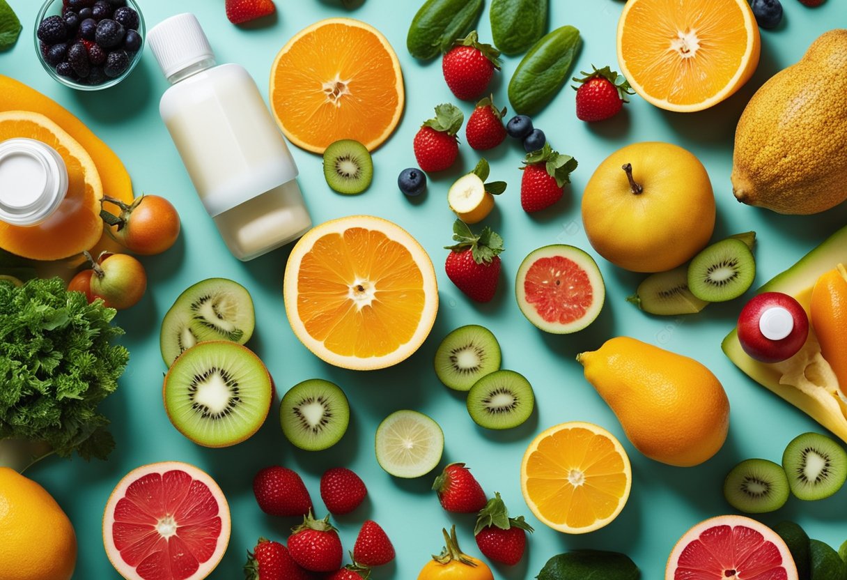 A colorful array of fruits, vegetables, and vitamins arranged on a table, surrounded by glowing skin illustrations and skincare products