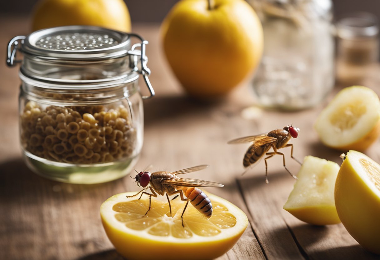 En gruppe fruktfluer og eddikfluer som surrer rundt en moden frukt og et glass eddik