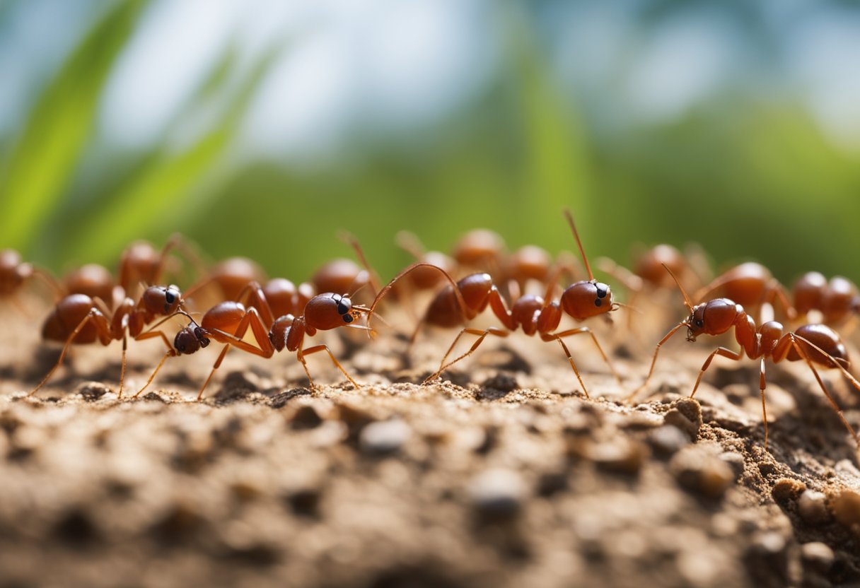 En gruppe røde maur (Myrmica rubra) marsjerer i en linje, bærende mat tilbake til bolet sitt