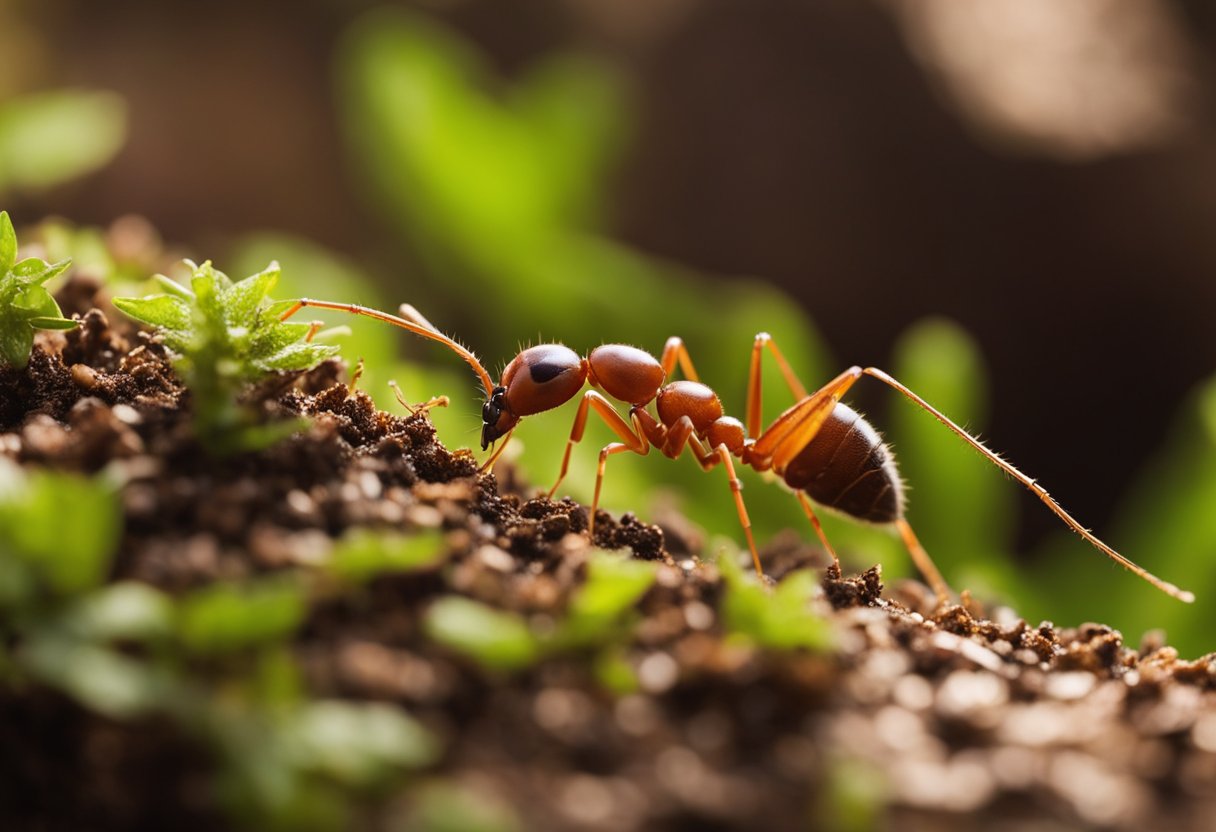 Et nærbilde av rød maur (Myrmica rubra) som leter etter mat på skogbunnen med omgivende løvverk og jordtekstur