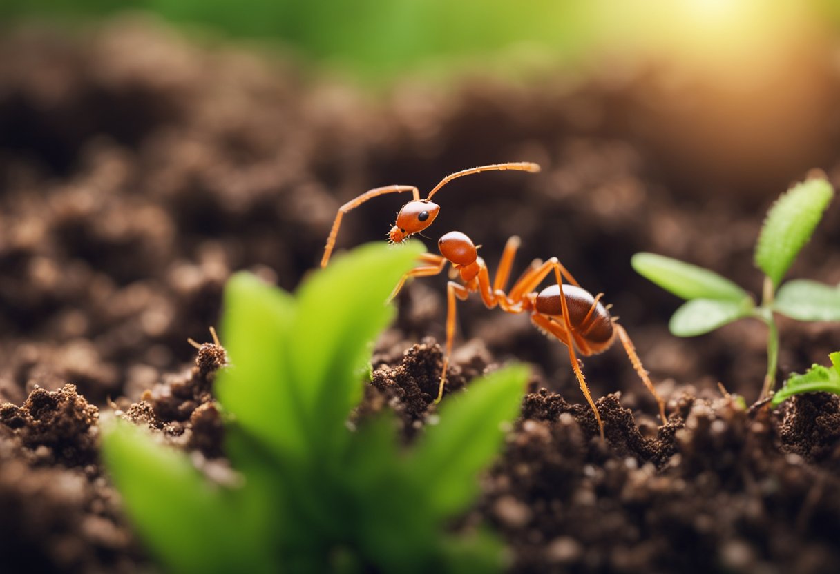 En nærbildeillustrasjon av røde maur (Myrmica rubra) som samler mat i et naturlig miljø med grønt løvverk og jord