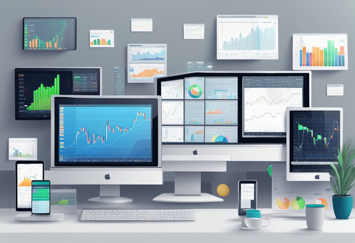 A collection of sleek and modern computer screens displaying various forex trading platforms, surrounded by charts and financial data