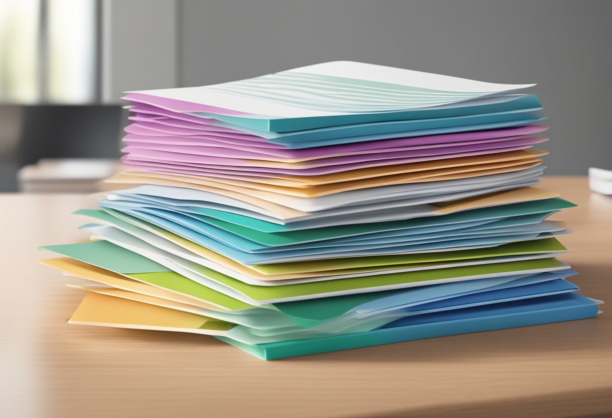 A group of colorful health insurance plan brochures arranged in a neat stack on a clean, modern desk