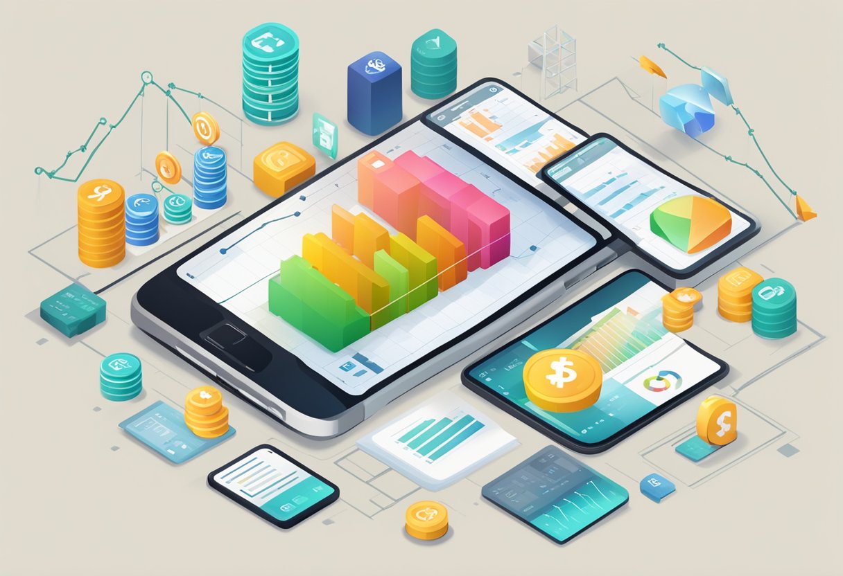 A smartphone displaying the top 10 investment apps, surrounded by financial charts and graphs