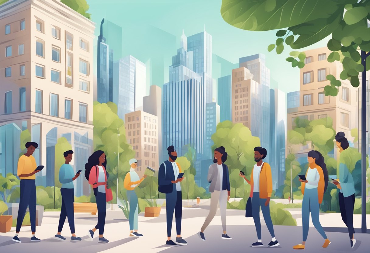 A diverse group of people using smartphones with investment apps on a city street, surrounded by buildings and greenery