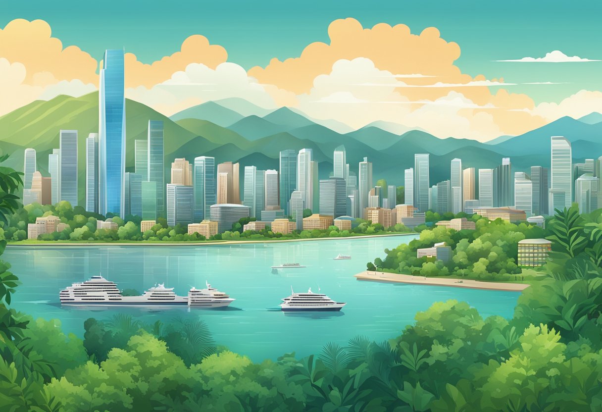 A bustling city skyline with high-rise buildings and waterfront properties, surrounded by lush greenery and mountains in the distance