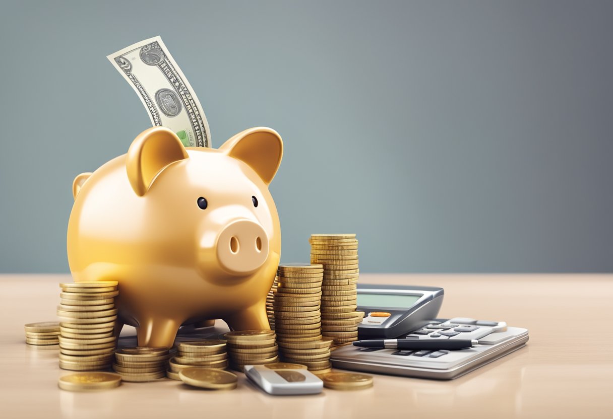 A stack of coins and bills arranged in a neat row, with a piggy bank and calculator nearby