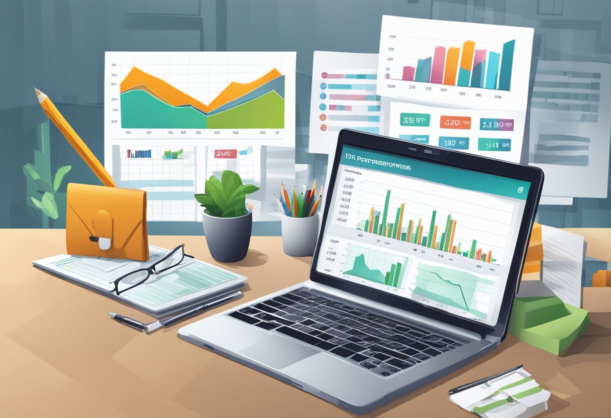 A table with a laptop, documents, and a pen. Financial charts and graphs on the wall. A sign with "Top 10 Personal Loan Providers" displayed prominently