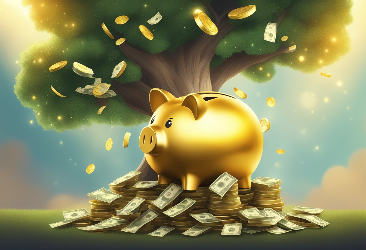 A stack of money growing on a tree, with a shining golden piggy bank at the top, surrounded by a glowing halo of light