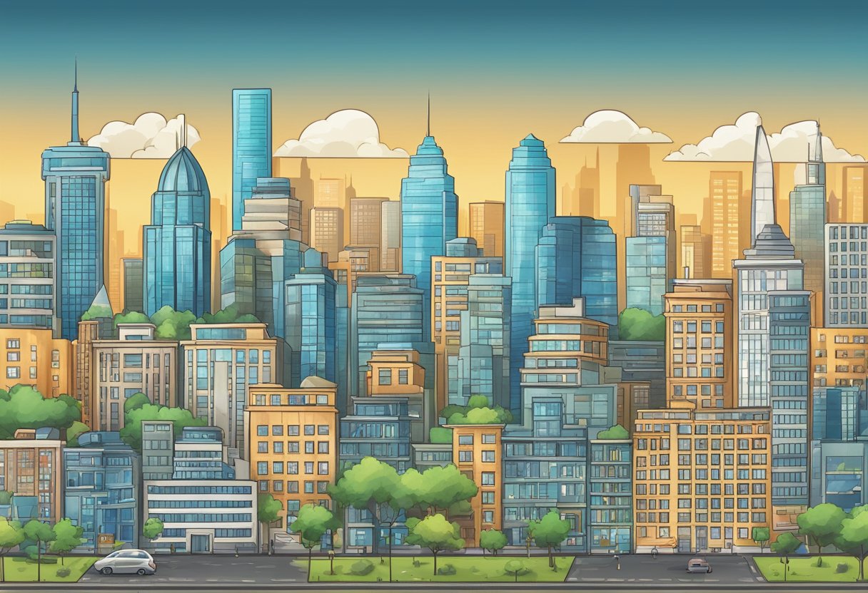 A bustling city skyline with prominent real estate landmarks and properties