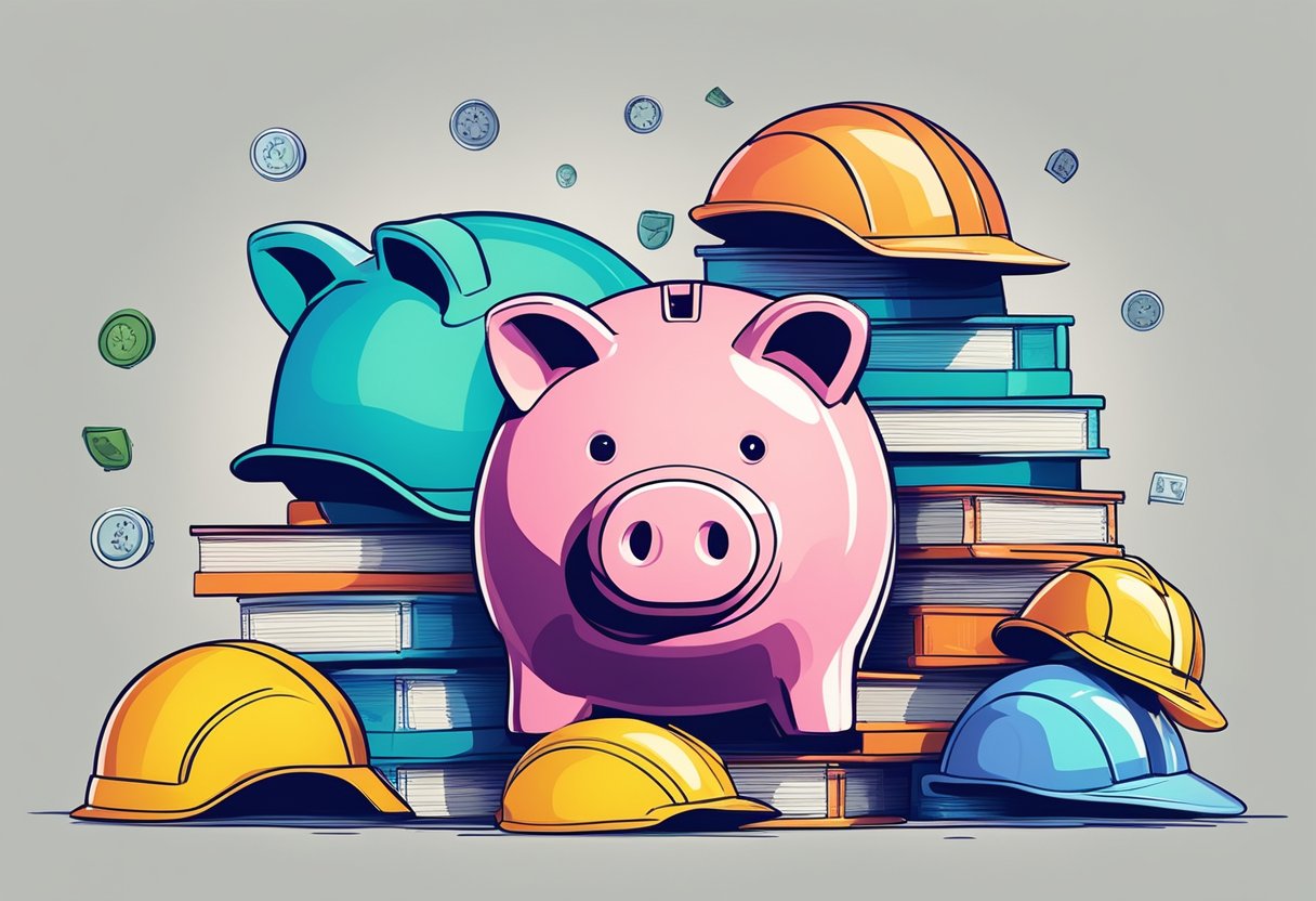 A stack of colorful piggy banks surrounded by a shield and safety helmet, with a magnifying glass highlighting the top 10 high-interest savings accounts