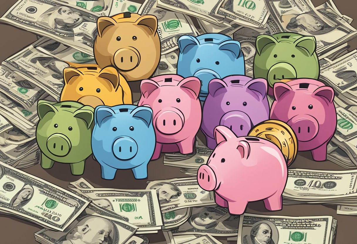 A stack of colorful piggy banks surrounded by dollar bills and coins, with a sign listing the top 10 high-interest savings accounts