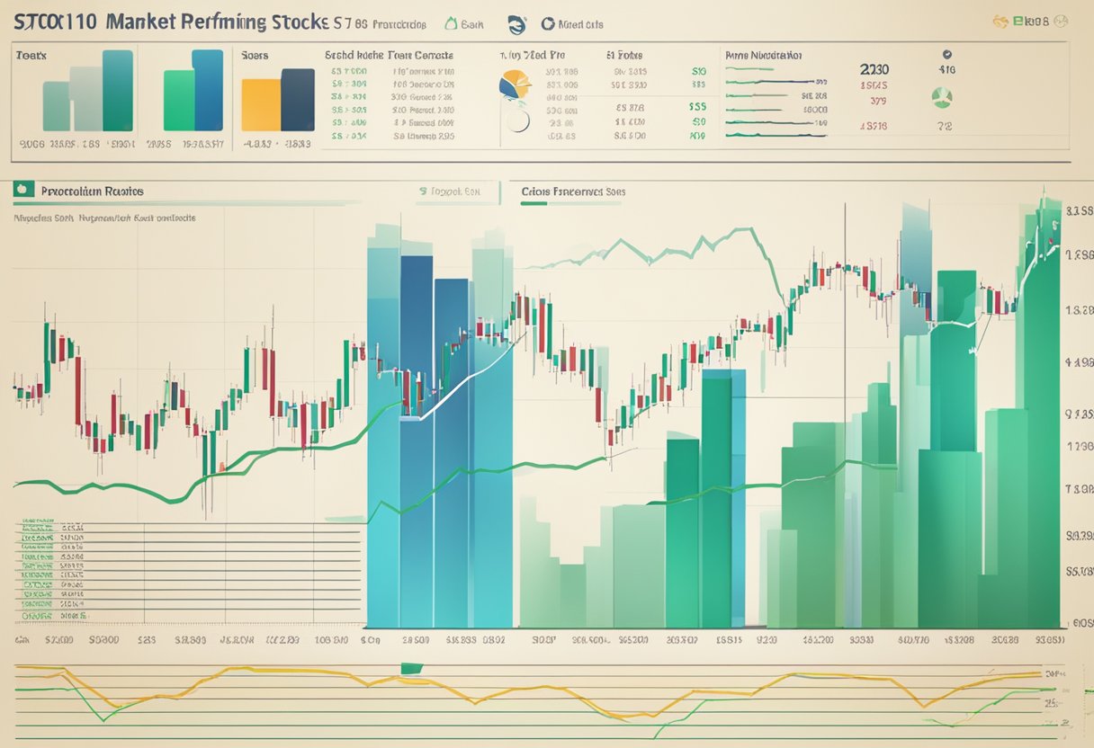 A group of stock market charts and graphs showing the top 10 best performing stocks, with upward trending lines and various financial indicators