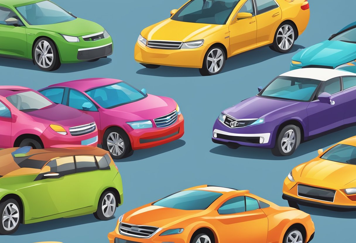 A lineup of colorful cars with various logos representing the top 10 car insurance companies