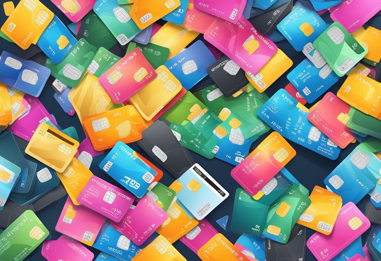 A pile of colorful credit cards arranged in a descending order, with a stack of cash back rewards symbolizing the top 10 credit cards for cashback