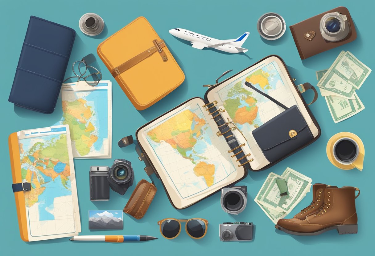 A variety of travel-related items such as a passport, airplane tickets, a map, a suitcase, and a camera arranged on a table