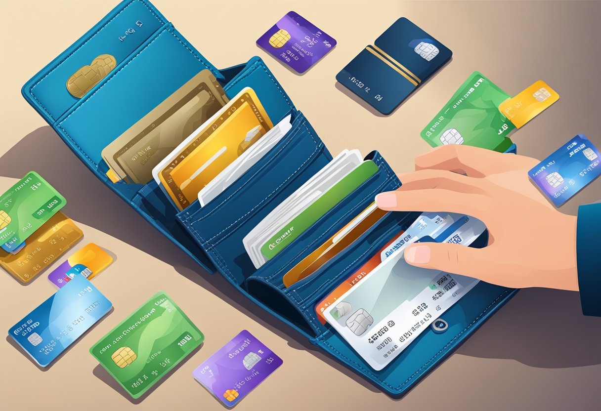 A hand placing credit cards into a secure wallet with a protective cover. The wallet is surrounded by images of the top 10 credit cards for cashback