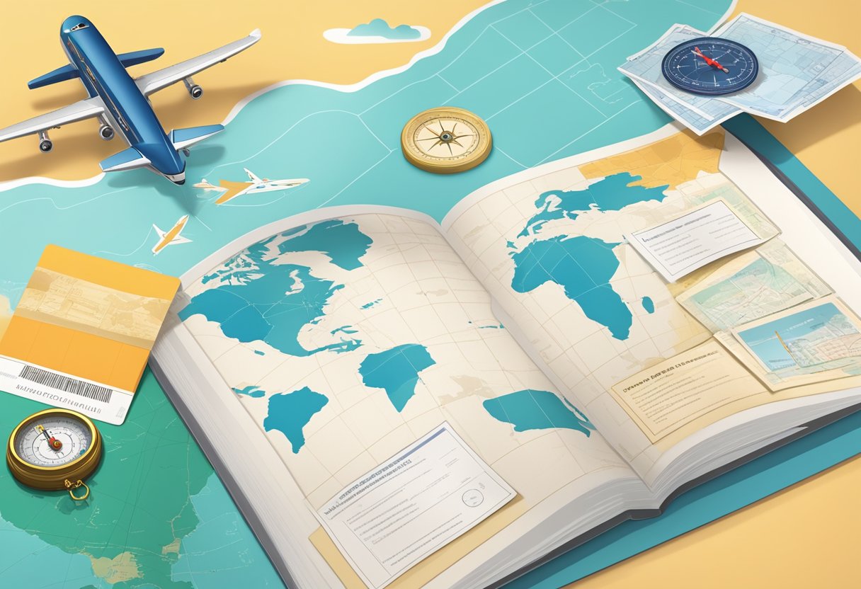 A travel insurance brochure surrounded by a compass, map, and plane tickets