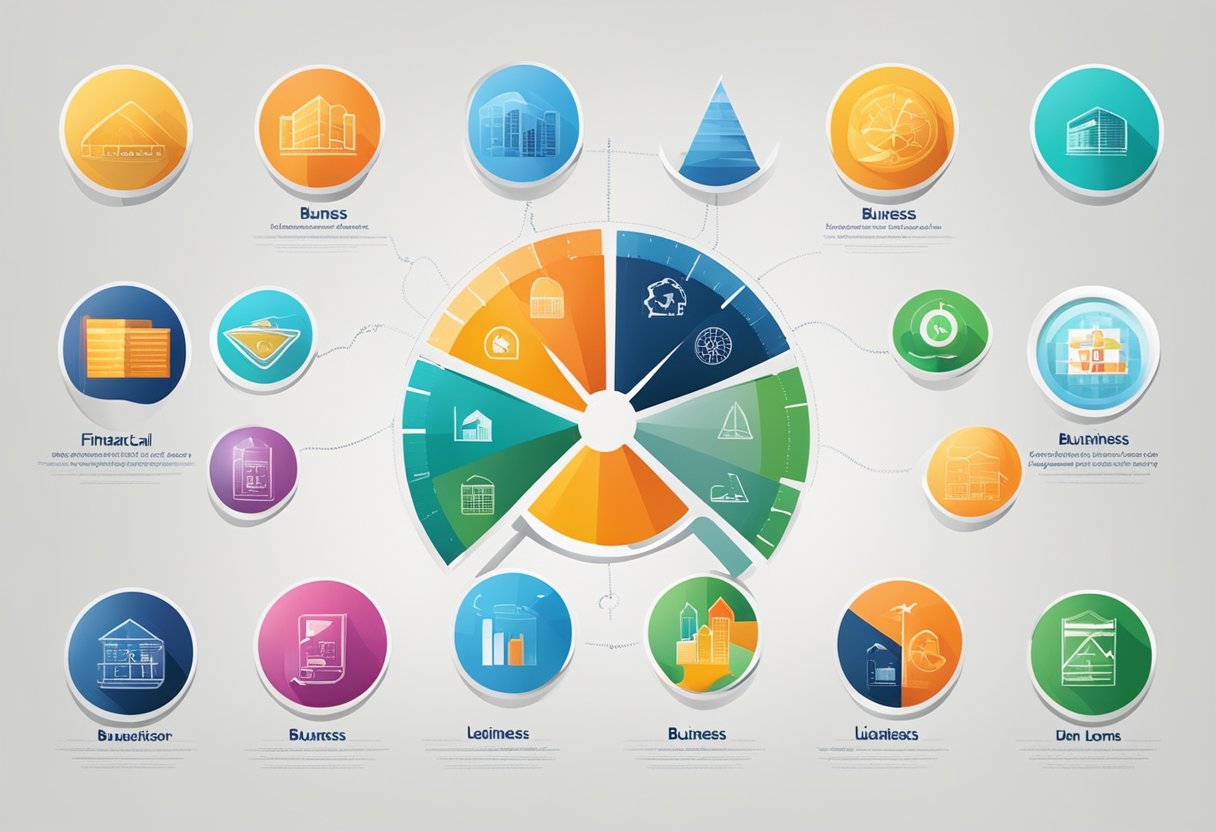 A group of business logos representing the top 10 business loan providers arranged in a circle with financial charts and graphs in the background