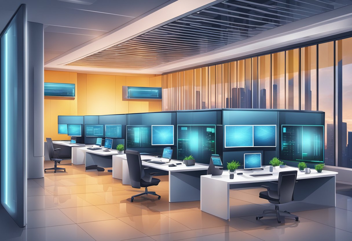 A futuristic office with computer servers and screens, surrounded by sleek, modern technology