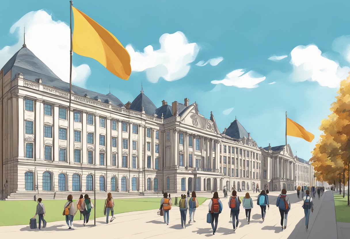 A row of grand university buildings against a blue sky, with flags flying and students walking between them