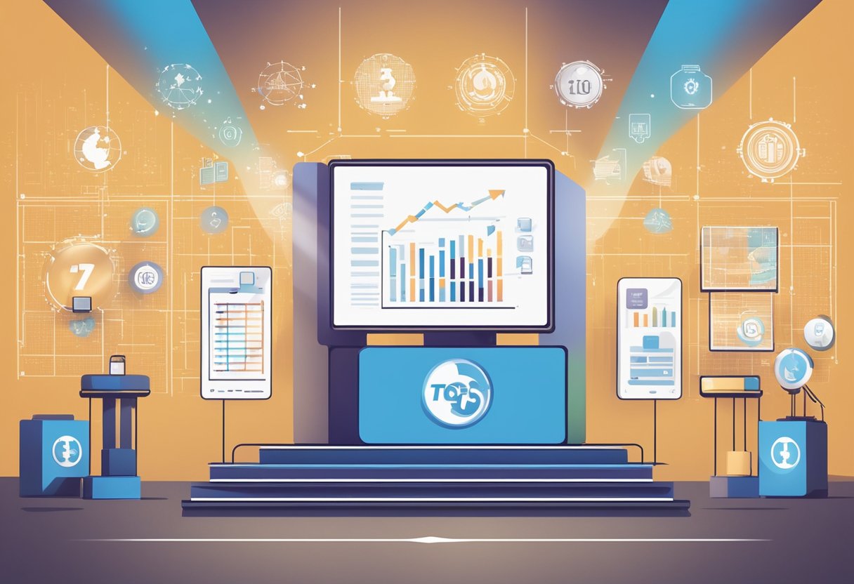 A podium with the top 10 university logos, surrounded by data-related symbols and graphs, with a spotlight shining on the display