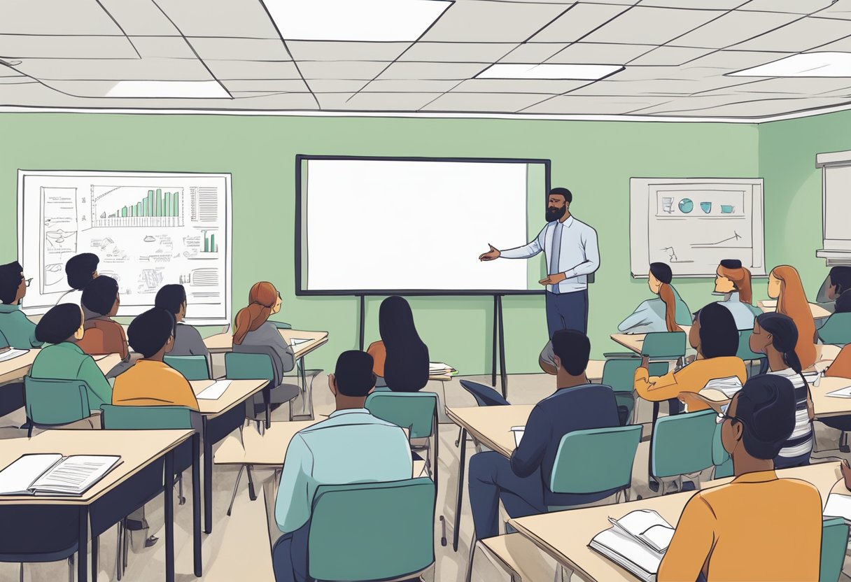 A classroom with a large whiteboard displaying a detailed MBA curriculum, surrounded by students and professors engaged in discussion and learning