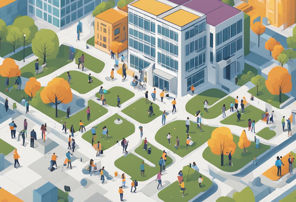 A bustling university campus with diverse students, modern buildings, and data science symbols