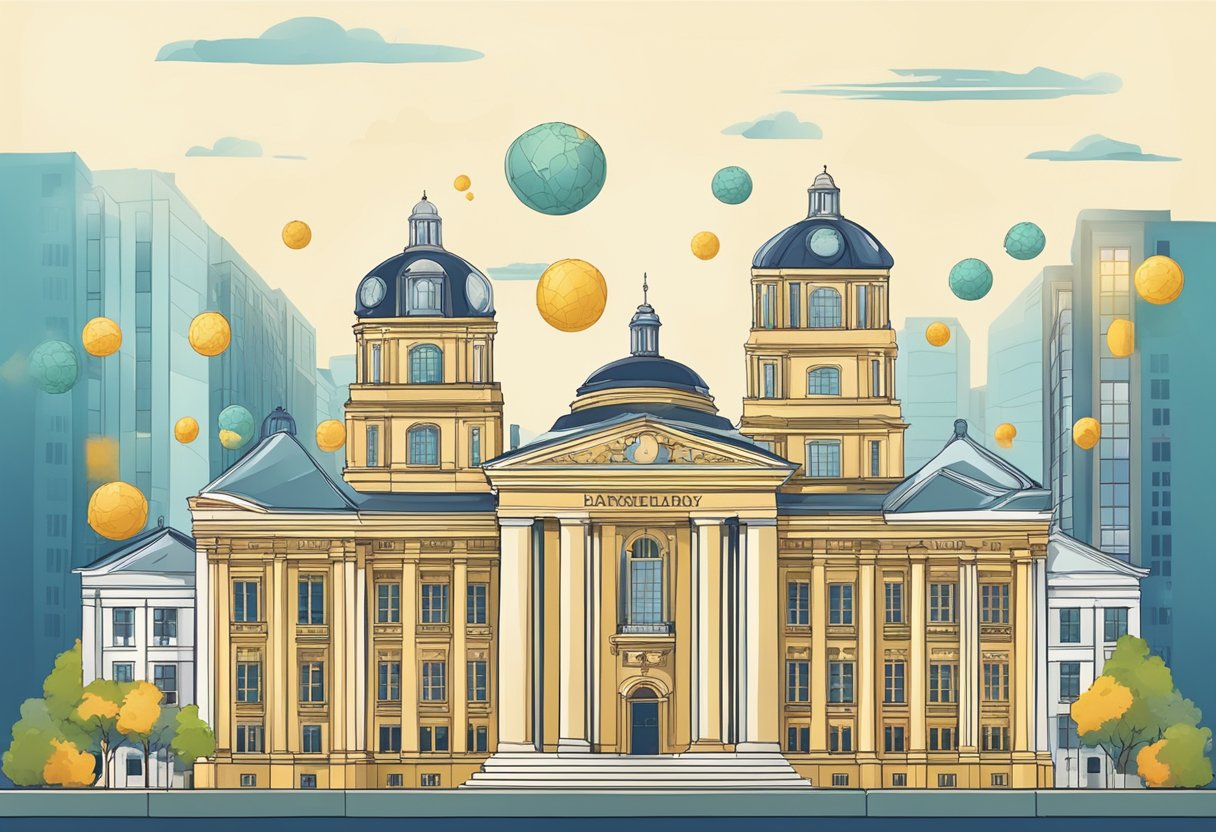 A lineup of prestigious university buildings with financial symbols floating above