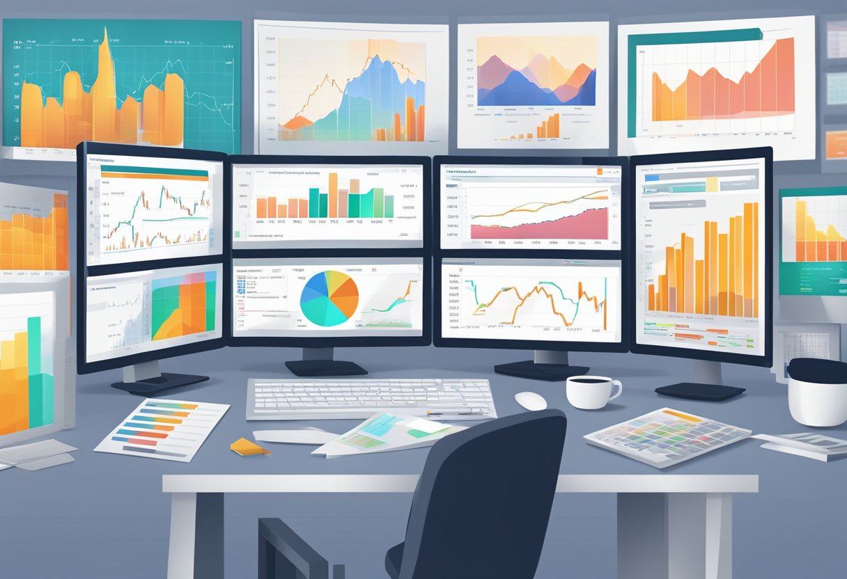 A diverse group of financial charts and graphs, representing the top 10 mutual funds for long-term investment, displayed on a computer screen