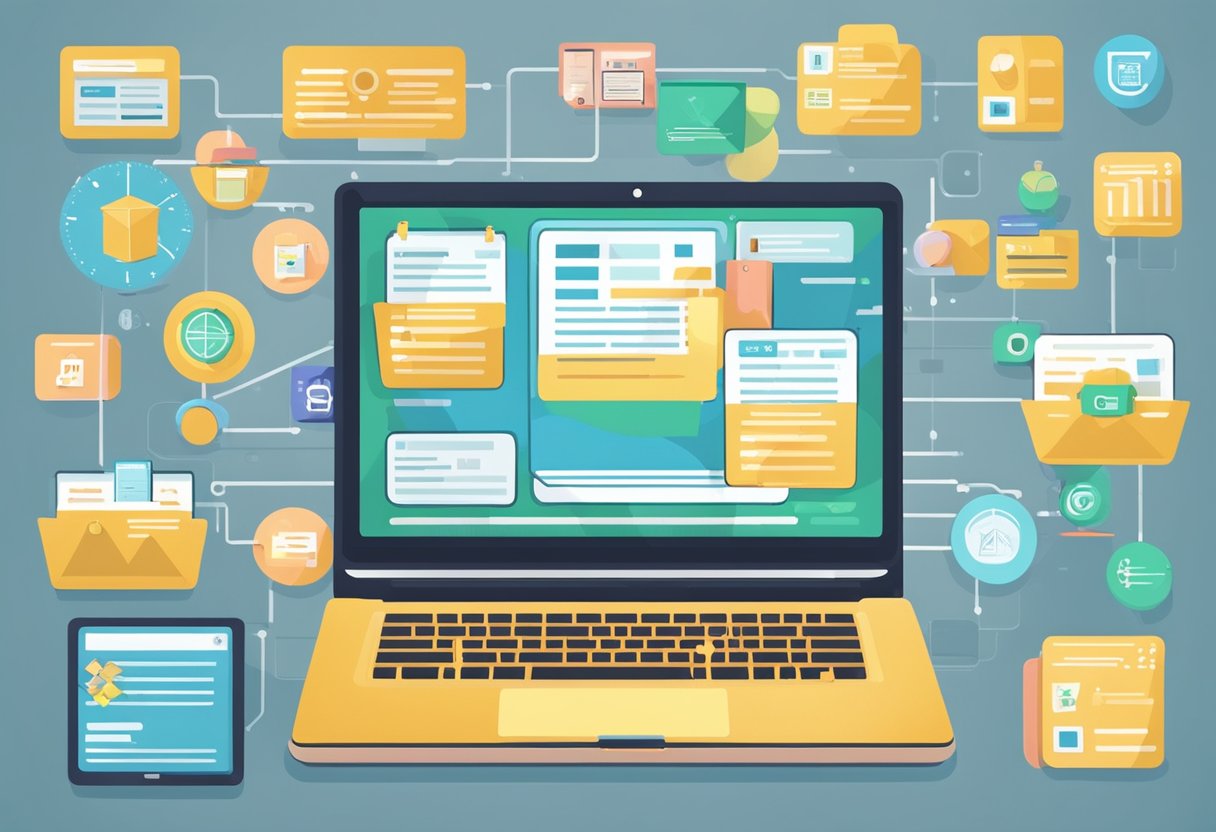 A laptop surrounded by various icons representing different freelancing websites, with a chart showing payment and fee structures displayed on the screen