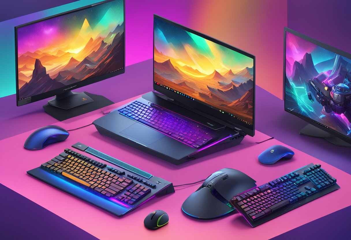 A gaming laptop surrounded by colorful backlit keyboards, high-resolution monitors, and sleek designs, showcasing the top 10 options for gamers