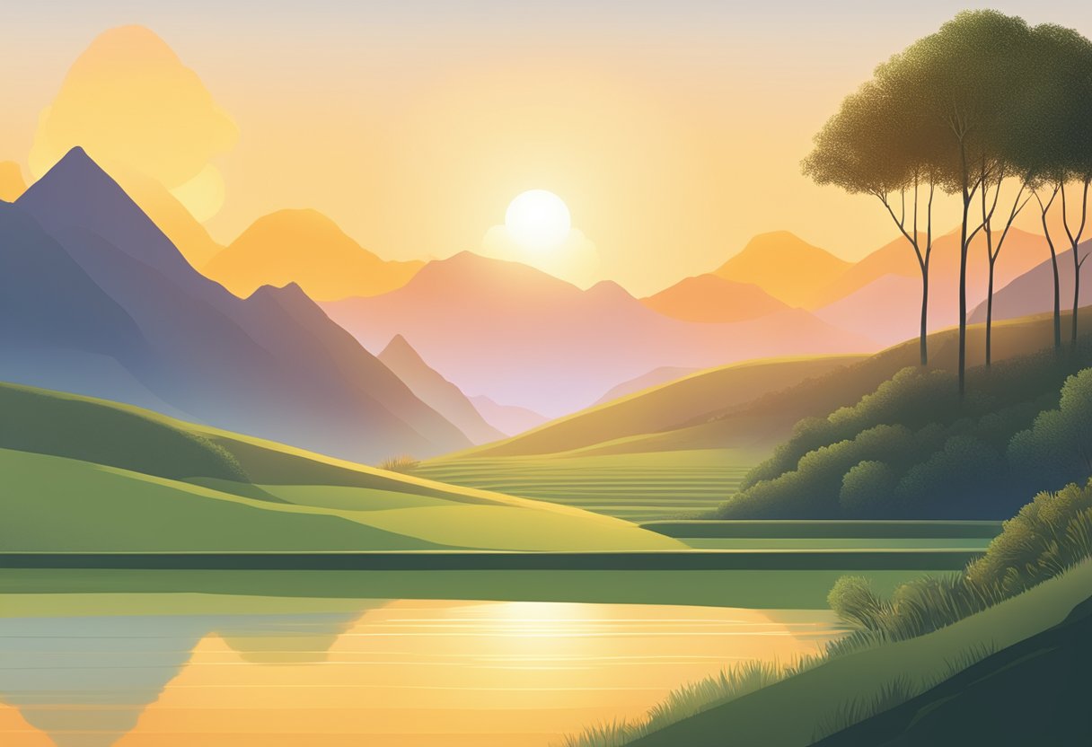 A serene landscape with a rising sun illuminating a row of top 10 mutual funds, symbolizing their long-term potential