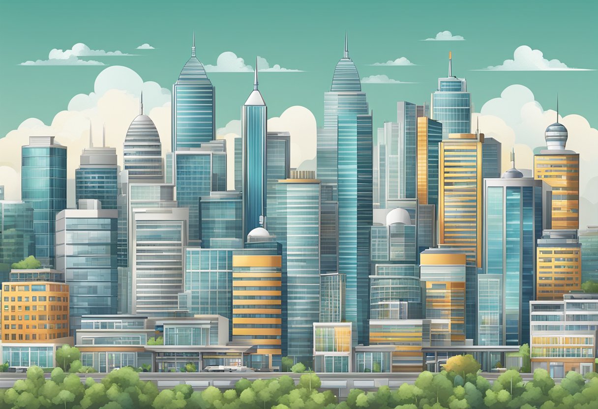 A modern city skyline with 10 large, sleek buildings, each labeled as a private hospital