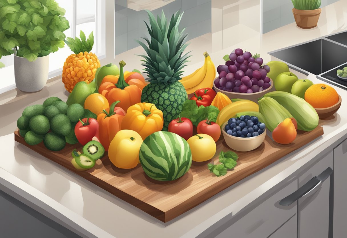 A kitchen counter with various fruits, vegetables, and healthy foods arranged in a visually appealing manner