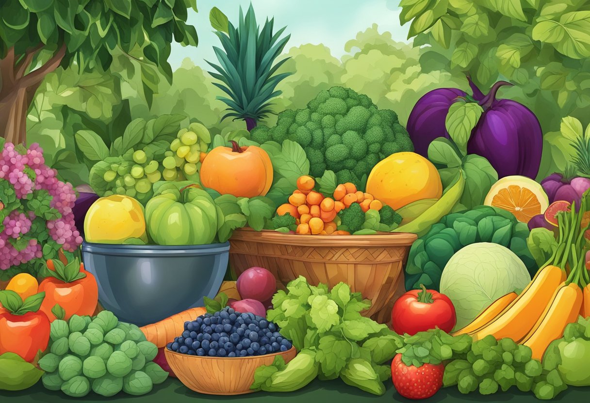 A lush garden with a variety of colorful fruits and vegetables arranged in an organized and aesthetically pleasing manner