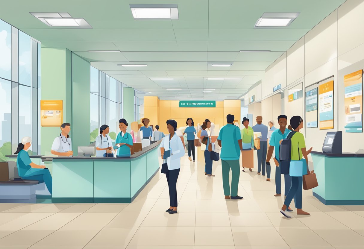 A bustling hospital lobby with a line of people at the reception desk, a waiting area, and signs directing to different departments