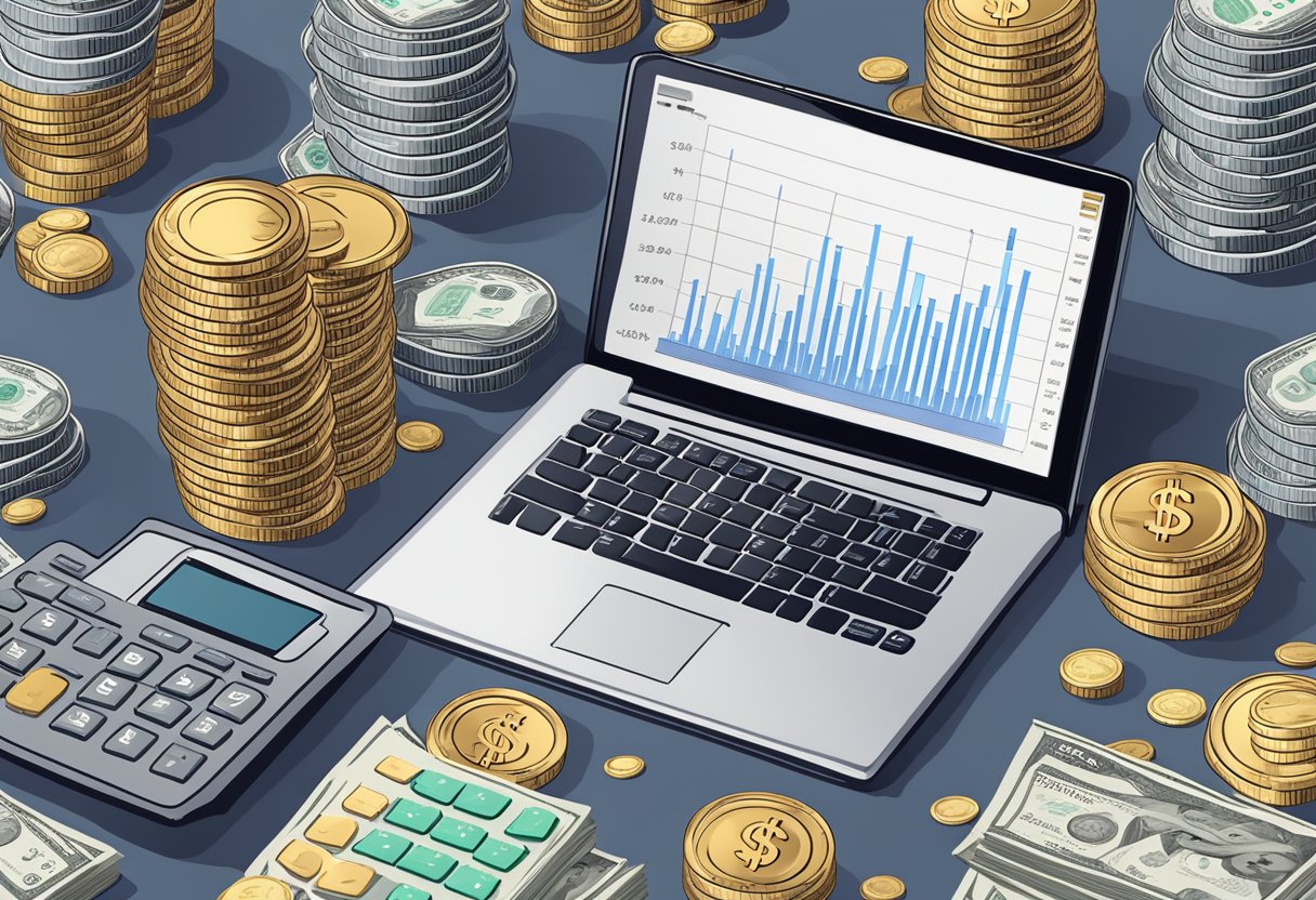 A laptop surrounded by stacks of coins and dollar bills, with a calculator and financial charts in the background