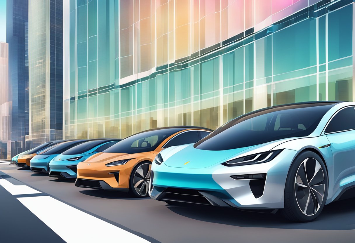 A lineup of sleek electric cars on a futuristic city street