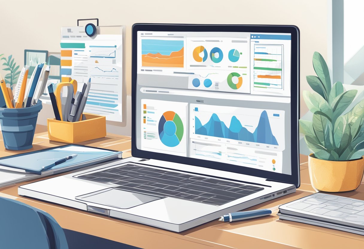 A desk with a laptop, notebook, and pen. Surrounding the desk are various SEO tools such as keyword research software, analytics dashboard, and backlink checker