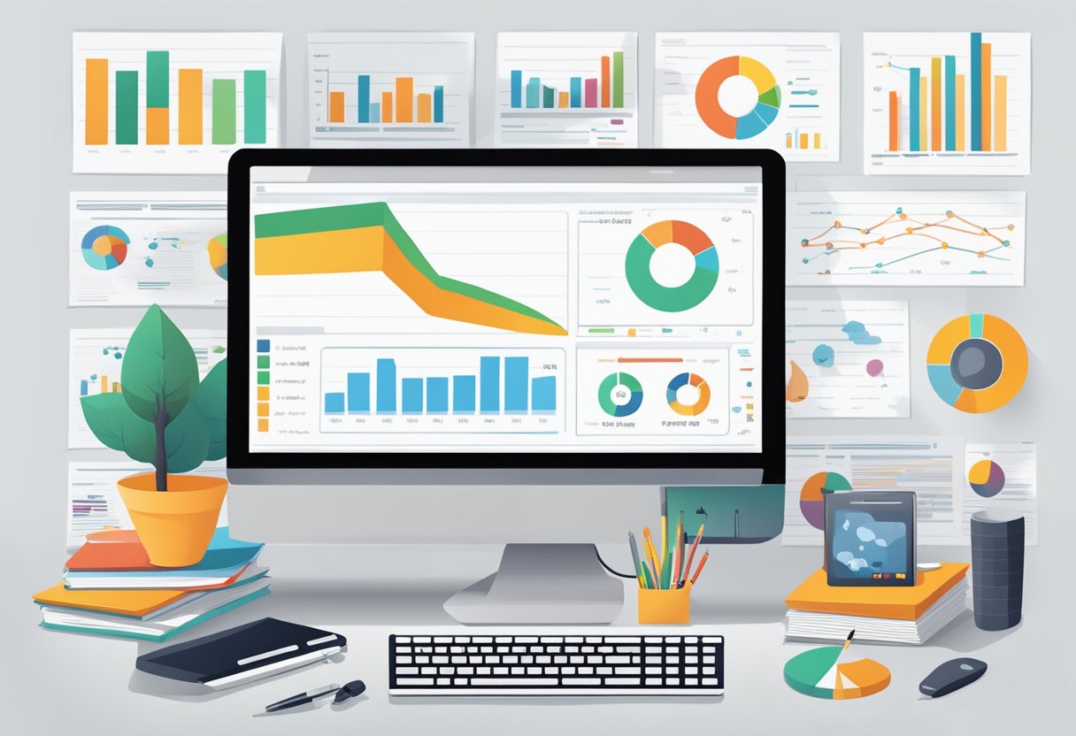 A desk with a computer, notebook, and various SEO tools displayed on the screen. Graphs and charts show performance tracking data