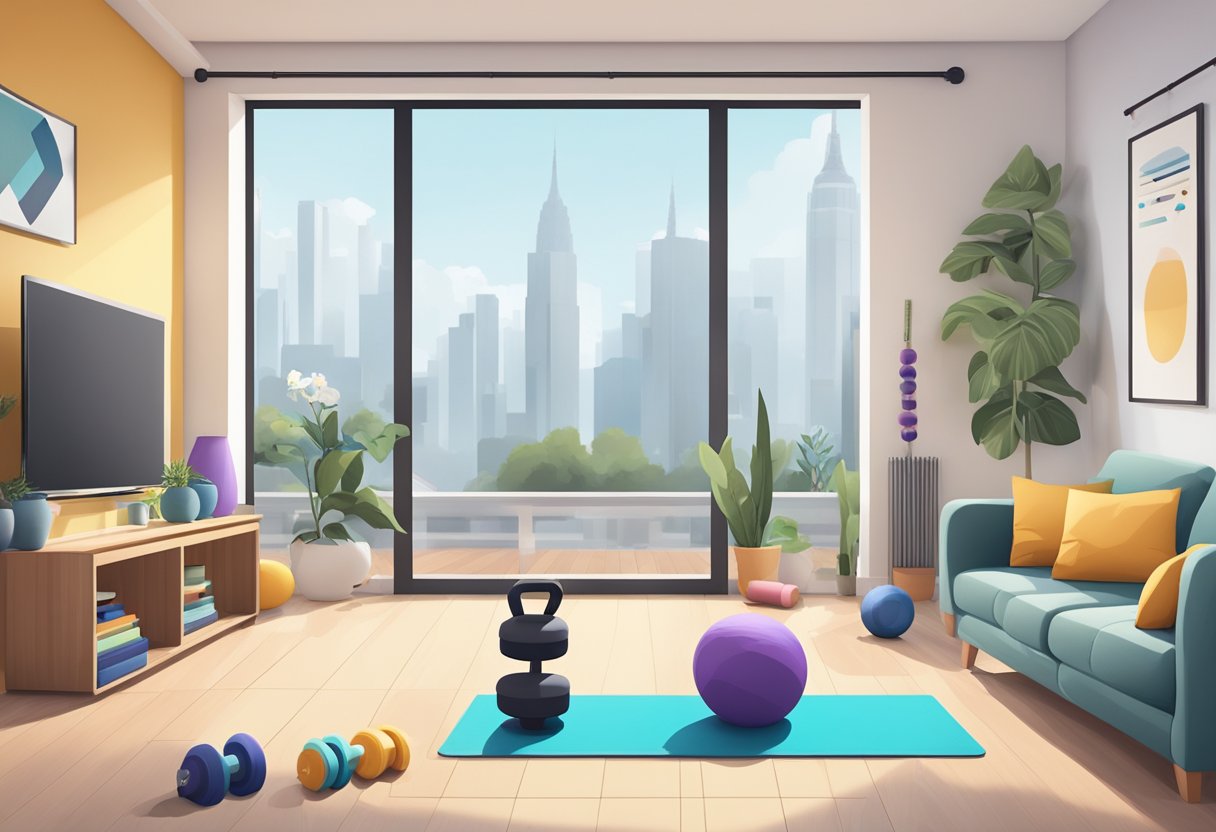 A bright and spacious living room with a yoga mat, dumbbells, resistance bands, and a workout bench arranged neatly in front of a large TV screen displaying various workout programs