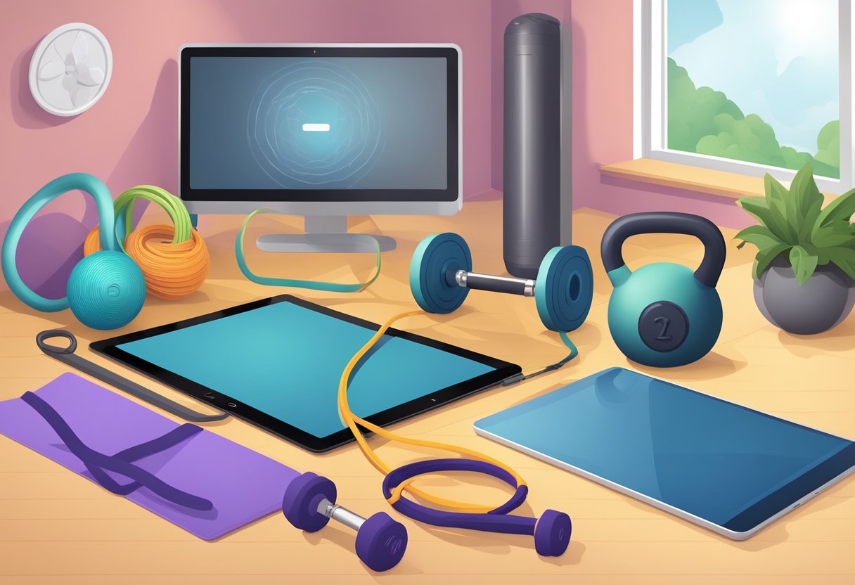 A home gym with dumbbells, resistance bands, yoga mat, jump rope, kettlebell, stability ball, and workout programs on a tablet