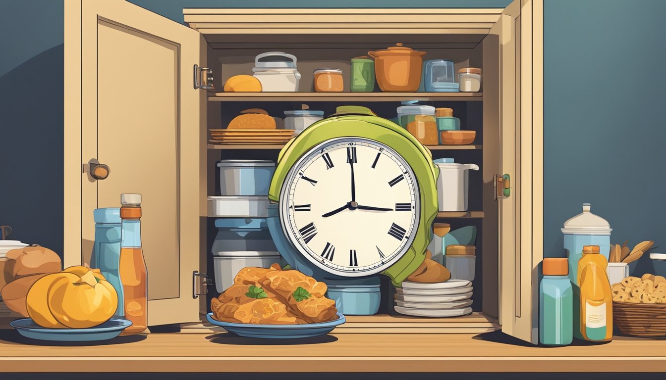 A clock showing 7 PM and a plate of food being put away in a cupboard, symbolizing the start of a 12-hour fast