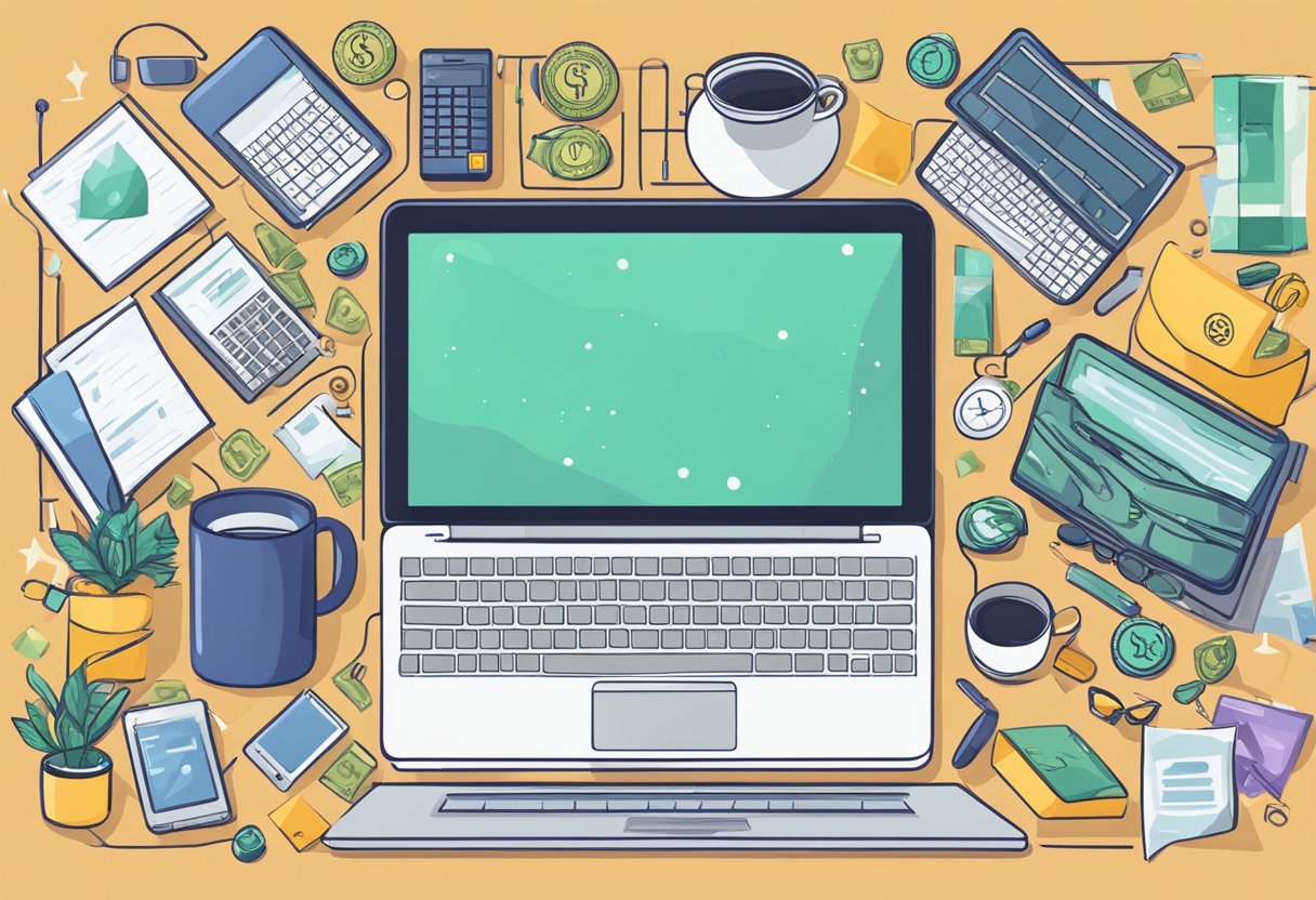 A laptop surrounded by various objects symbolizing different online money-making methods