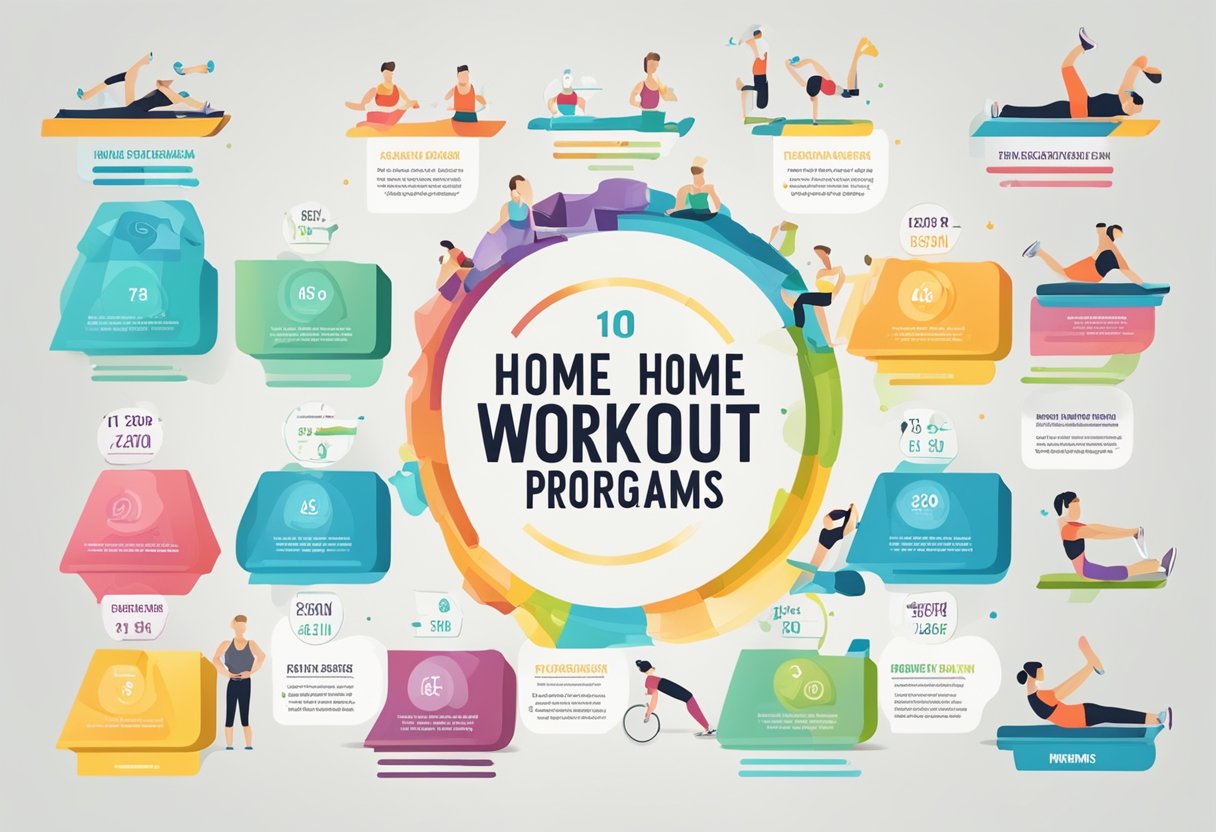 A colorful infographic displaying the top 10 home workout programs, with icons representing different exercises and a title at the top