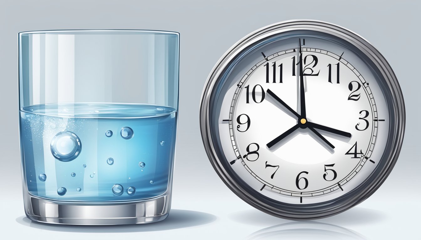 A glass of water and a clock showing 12 hours