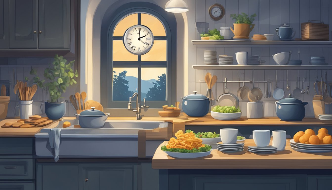 A serene, moonlit kitchen with a clock showing midnight. Empty plates and snacks are put away, signaling the end of nighttime eating