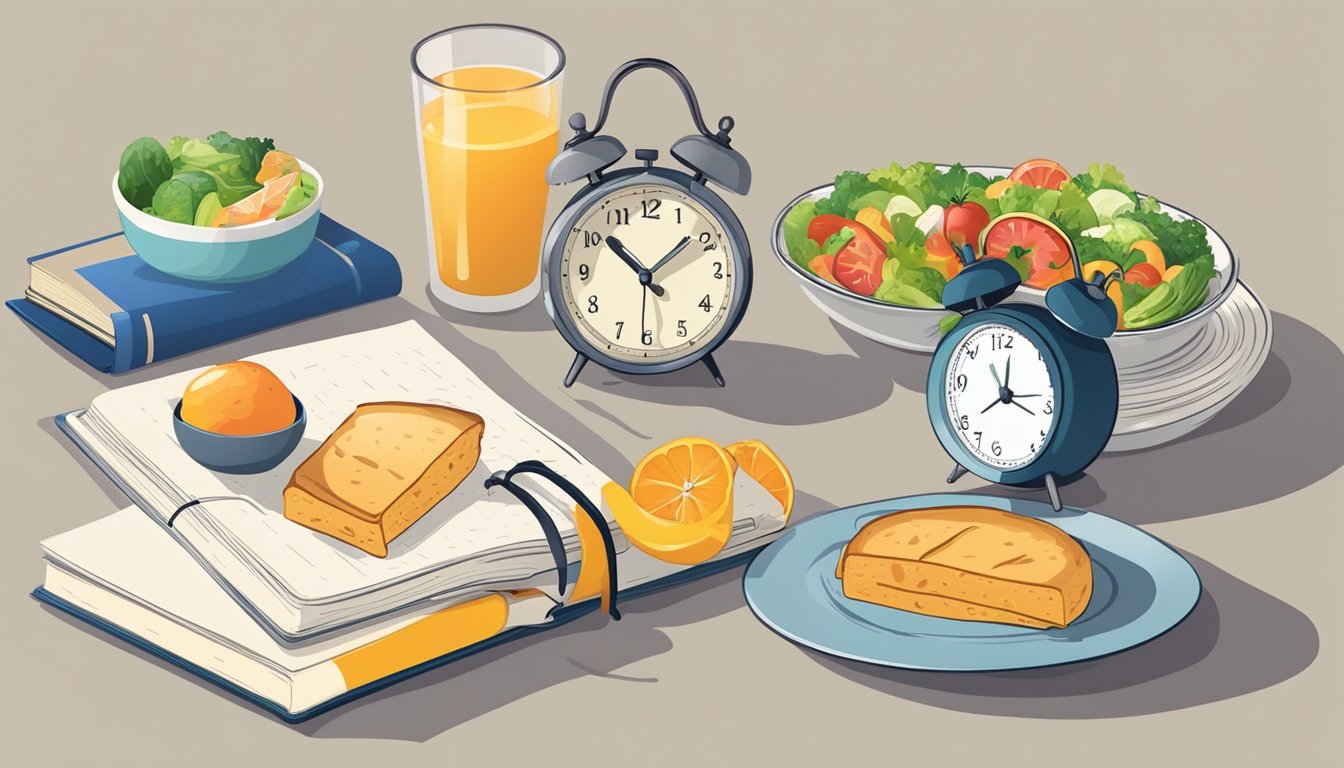 A clock showing 12 hours, a healthy meal, and a beginner's guide book on intermittent fasting on a table